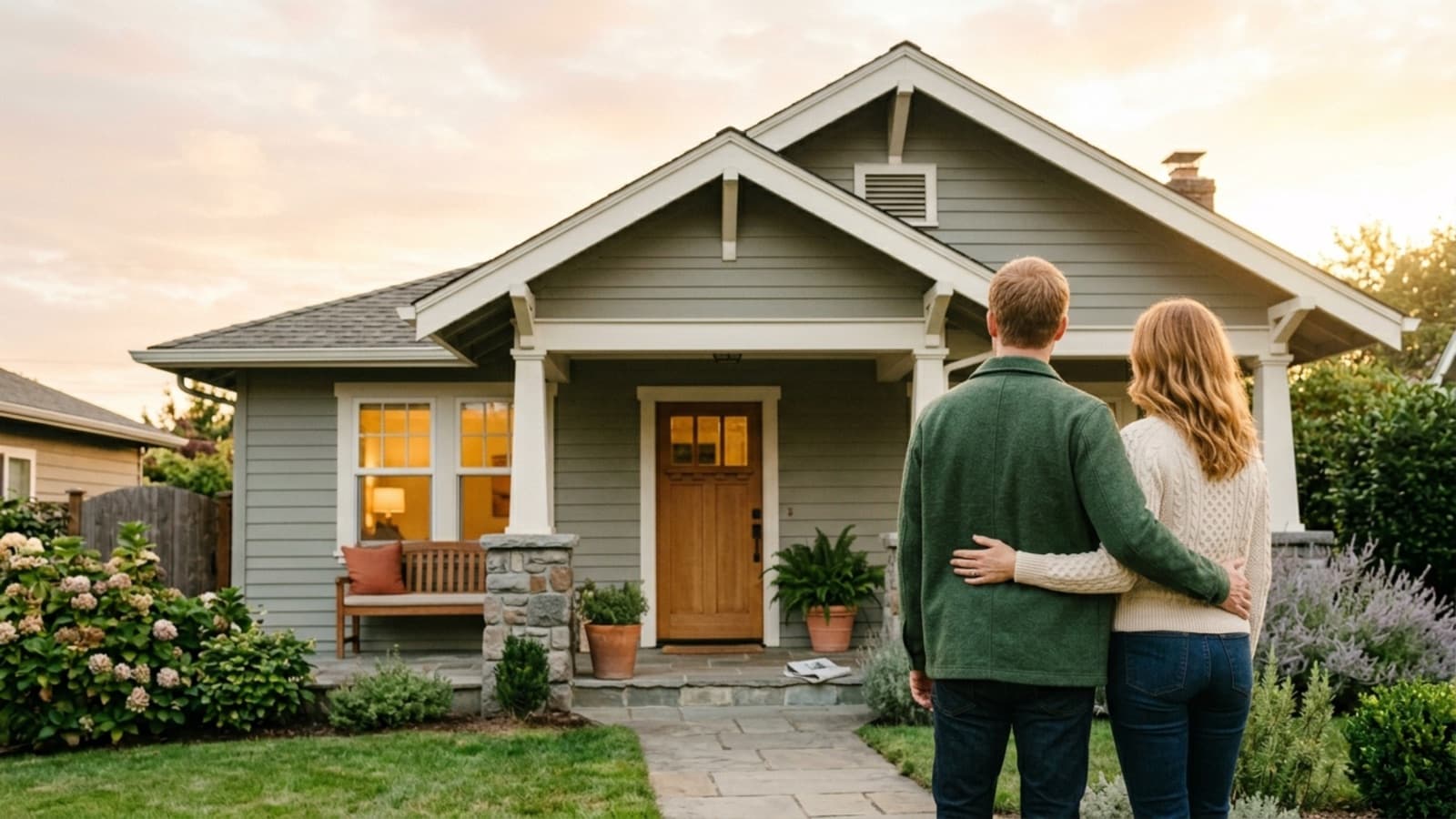 Homeowners in front of their craftsman home, warm afternoon light