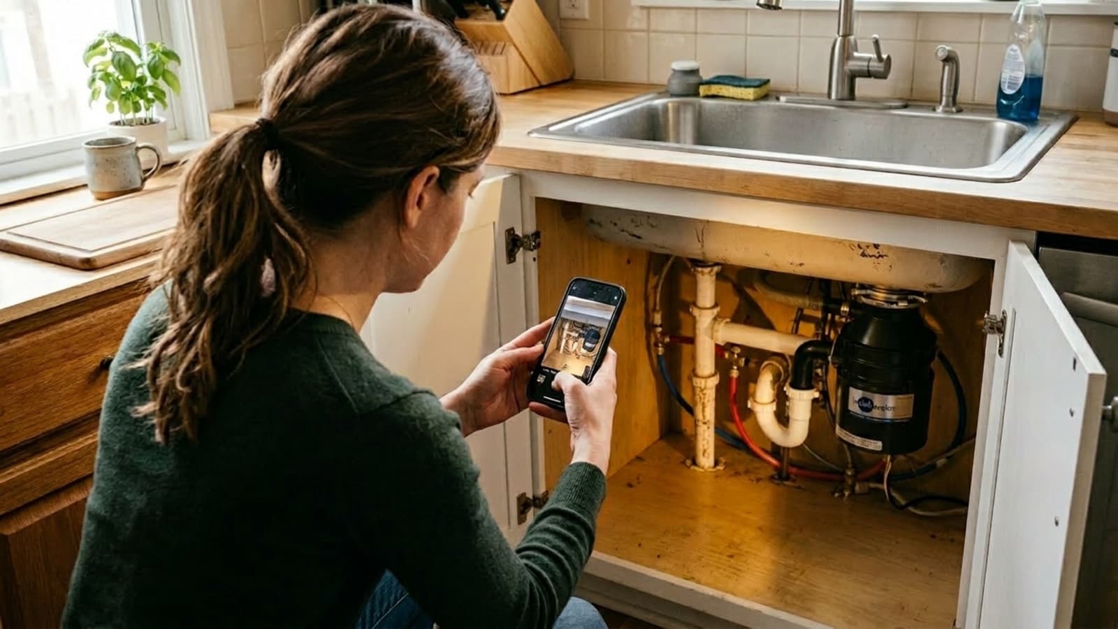 Homeowner photographing plumbing under kitchen sink