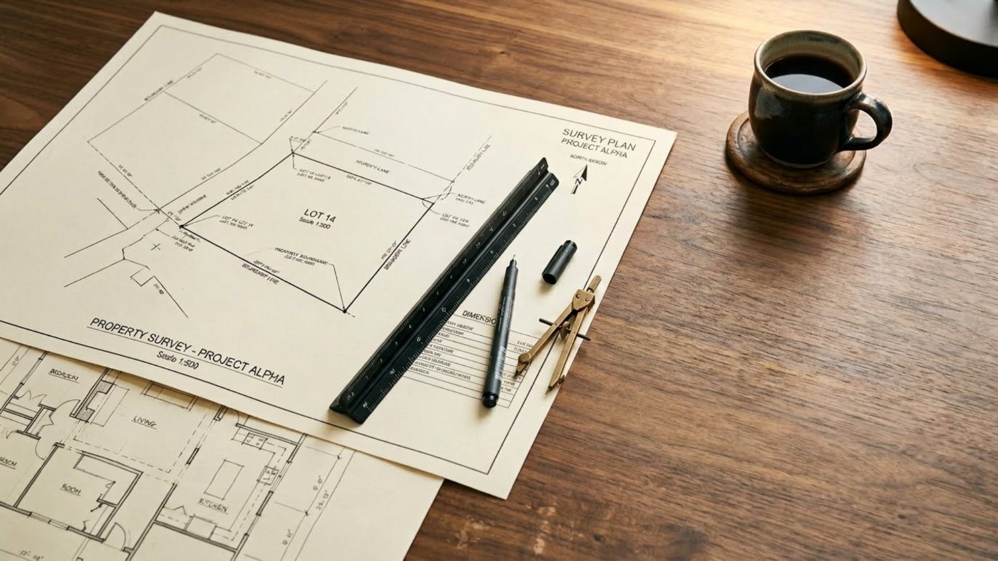 Parcel map and county property records on a desk